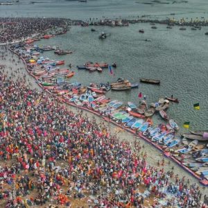 Massive crowd of pilgrims at the Maha Kumbh Mela 2025 in Prayagraj