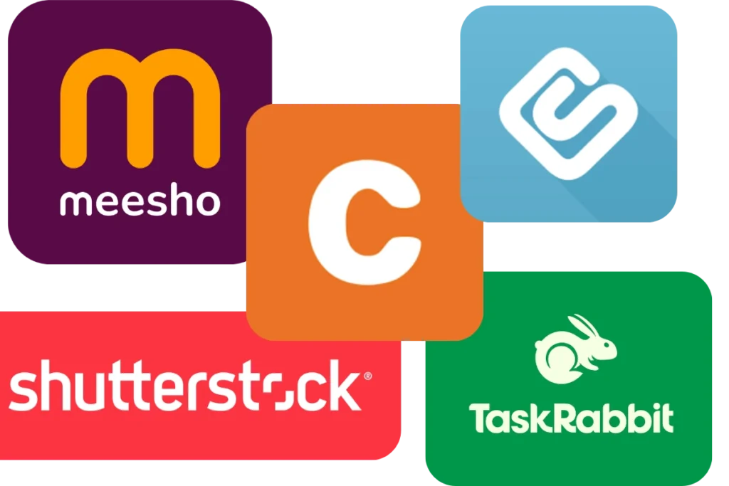 Logos of the best online earning apps for students in India, including Swagbucks, TaskRabbit, Meesho, Shutterstock, and Chegg.