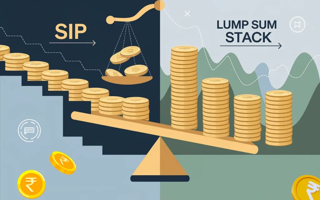 Infographic comparing SIP vs. Lump Sum investments, showing stepwise growth for SIP and a fluctuating market for lump sum.