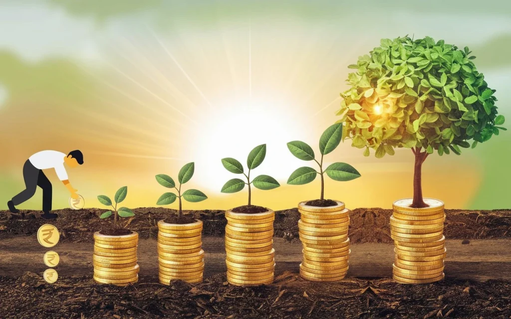 A conceptual illustration of an investor planting rupee coins that grow into money trees, symbolizing wealth creation through SIP.