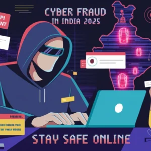 Illustration of cyber fraud in India, showing a hacker, scam messages, phishing attacks, and security alerts.