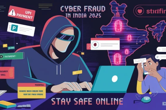 Illustration of cyber fraud in India, showing a hacker, scam messages, phishing attacks, and security alerts.